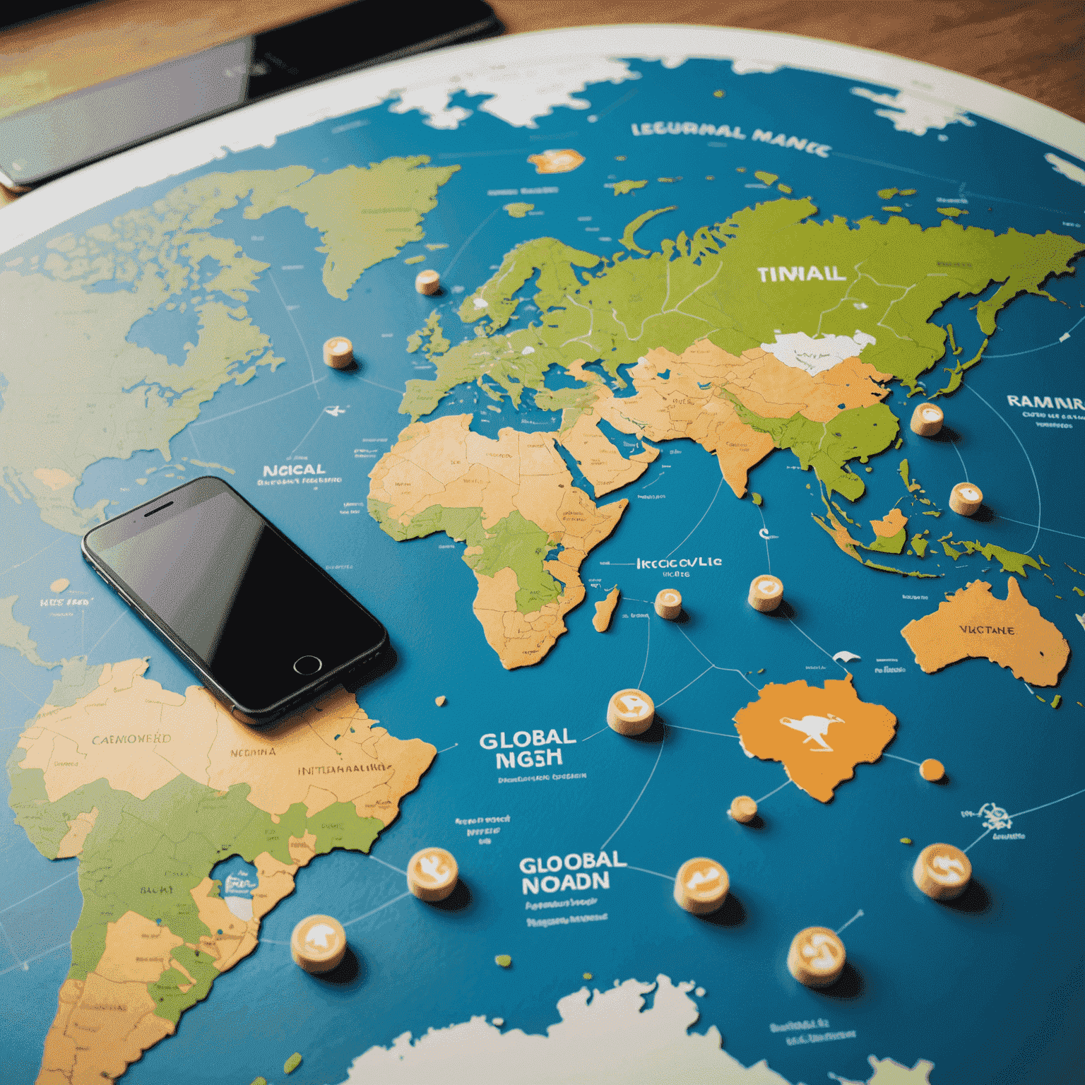 صورة لخريطة العالم مع أيقونات الهواتف المحمولة موزعة عليها، تمثل التغطية العالمية لخدمة التجوال الدولي